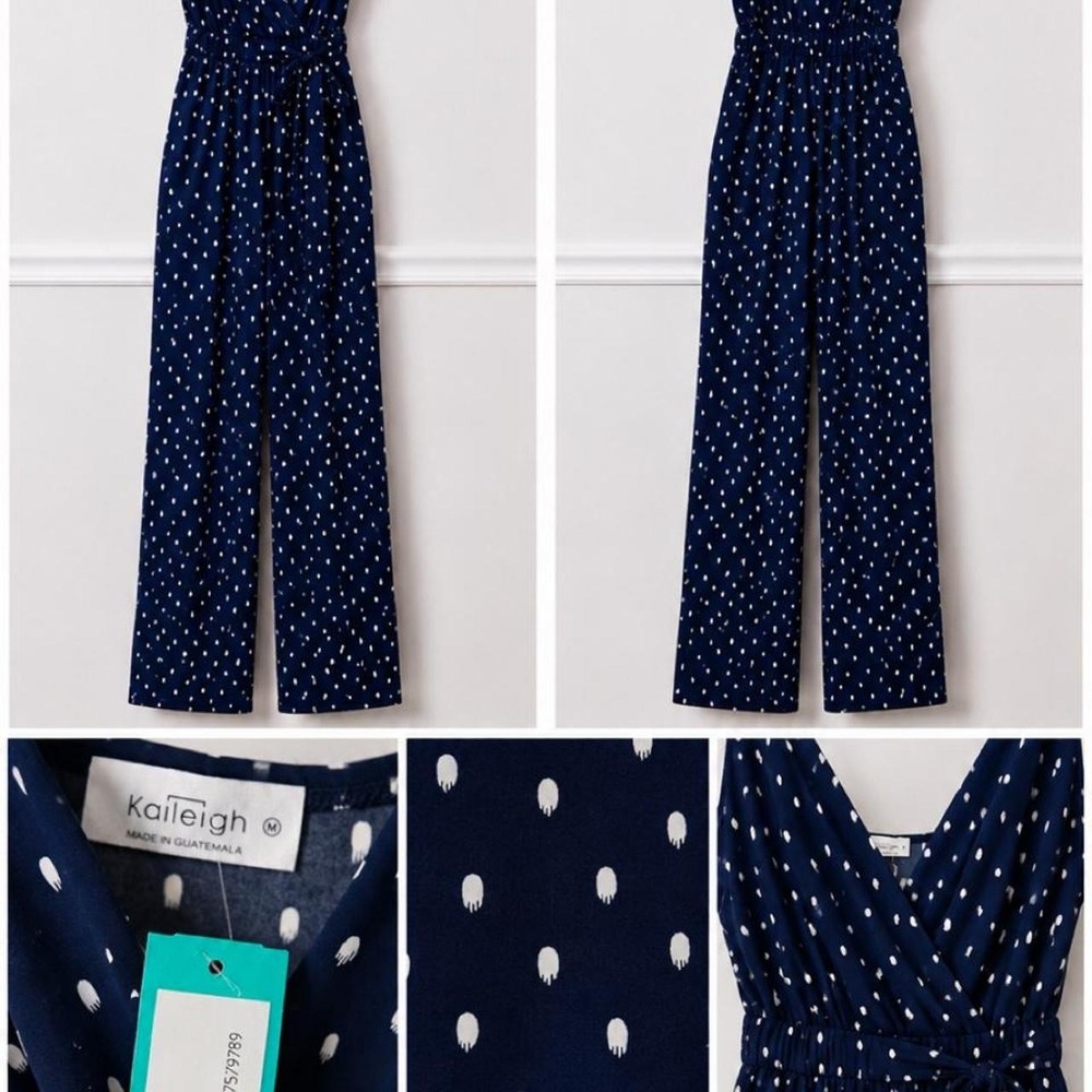 Kaileigh Navy Blue White Polka Dot Knit Jumpsuit Wide Leg Wrap V-Neck Size M NWT